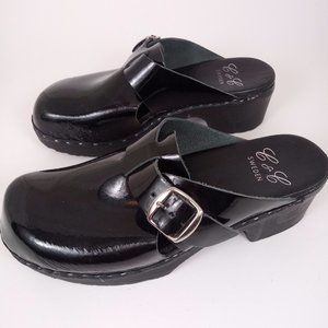 C&C Swedish Clogs Women 39 Black Patent Leather Slip on Comfort Shoes Mule 7.5 8